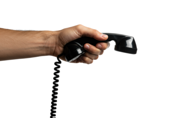 Male hand firmly gripping a glossy black vintage telephone receiver on a transparent background. Concept of nostalgic communication technology