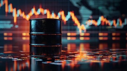 Oil Barrel with Financial Chart Background: Crude Oil Price Fluctuations, Economic Crisis, Investment Strategy, and Global Market Analysis