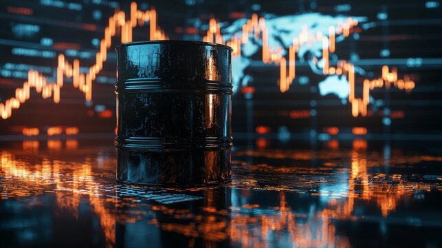 Black Oil Barrel with Financial Chart Background Representing Global Energy Market and Petroleum Industry, Investment and Trading, Commodities and Economic Crisis.