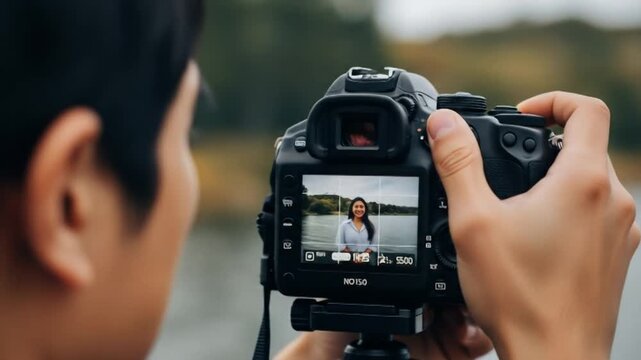 Capturing moments: Photographer in action taking pictures of a woman near lake - Powered by Adobe