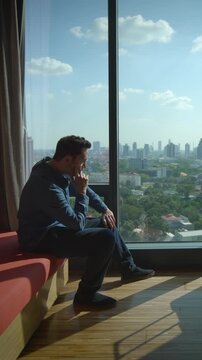 individual reflecting with patience quietly, man thoughtfully considers his options with patient demeanor