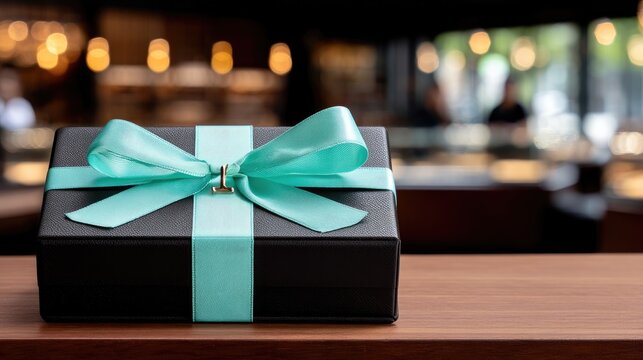 A beautifully wrapped gift box rests on a wooden table in a sunny park, surrounded by greenery and people enjoying the day - Powered by Adobe