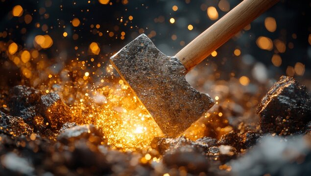 Axe Striking Rock with Sparks Flying: Close-Up of Tool Impacting Stone with Bright Golden Embers and Bokeh Effects