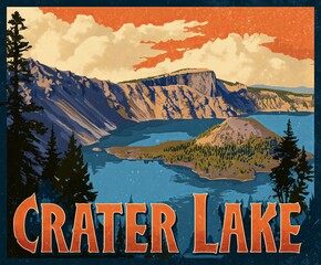 Crater Lake glows in vintage poster, pine-framed and serene majestic, tranquil, and timeless. Classic art celebrates nature deep blue wonder.