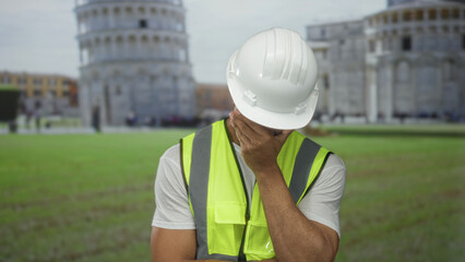 Man engineer wearing neon safety vest and white hardhat covers his face with hand at pisa tower...