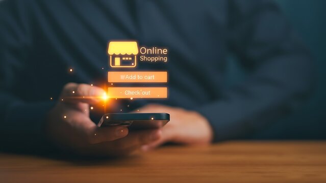 Online shopping concept with a person using smartphone and glowing virtual store icon. Representing e-commerce, digital retail, mobile payment, and internet business technology. online shopping