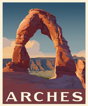 Vintage poster of Delicate Arch at sunset, with bold &ldquo;ARCHES&rdquo; text below highlighting Utah iconic natural wonder in nostalgic travel art
