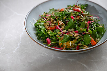 Close up of Arugula, Broccoli Sprouts, Roasted Peppers, Fresh Herbs, and Pumpkin Seeds Salad