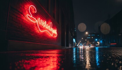 Vibrant red cursive neon sign glows brightly on a brick wall along a wet city street at night, casting colorful reflections on the dark, rainy pavement with bokeh lights
