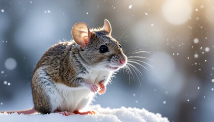 Cute little mouse in snow on frozen winter background. 