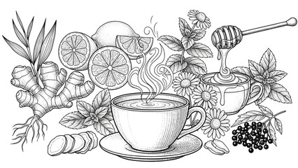 Herbal tea composition with ginger, lemon, honey, and flowers  