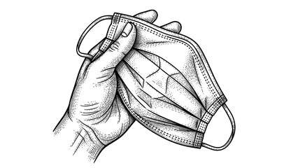 Hand holding a medical face mask in a sketch style  