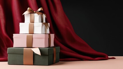 Stacked gift boxes in various colors feature a large ribbon, positioned in front of a rich red curtain, suggesting a festive occasion