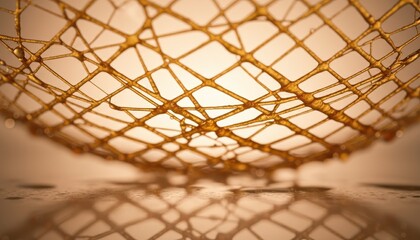 Delicate spun sugar caramel cage decoration with an intricate lattice pattern rests on a glossy surface, glowing with warm, ambient light in a macro perspective