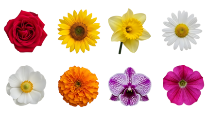 Collection of Eight Different Flowers on Black Background