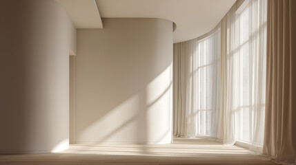 Cloud dancer themed minimalist interior design beige walls wood floor natural light flowing curtains, modern home decor. Colour of the year 2026