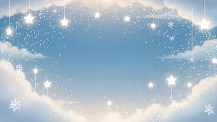 Dreamy winter sky with clouds, stars, and snowflakes – a peaceful holiday background design.