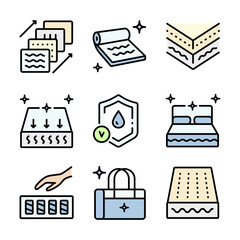 Mattress for sleeping color icons set. Memory foam symbols shows different types of mattresses with features like breathability, firmness, and pressure relief.