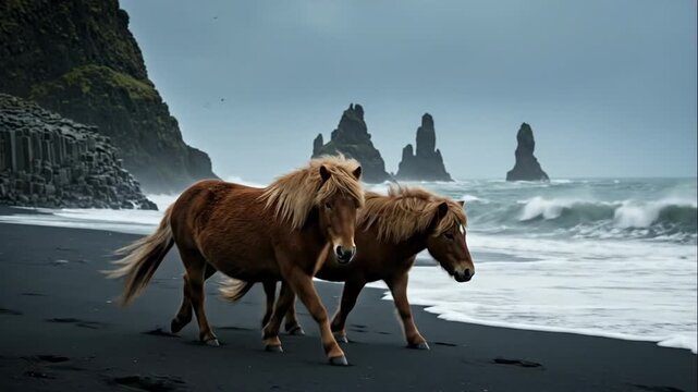 Two ponies walking along ocean shore with dramatic rocky formations in background. Beach scene features ponies exploring sandy coastline and ocean waves. Concept of serene beach walks with ponies.
