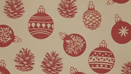 Rustic Christmas pattern with red ornaments and pinecones on kraft paper background, festive holiday design.