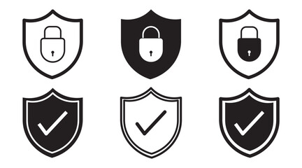 Set of security shield icons, security shields logotypes with check mark and padlock. Security shield symbols. Vector illustration.
