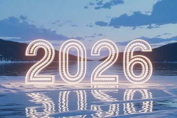 Glowing Numbers Reflecting on Water Representing the Year Two Thousand Twenty Six