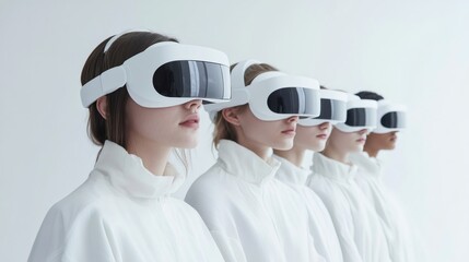 Group of women in white wearing modern vr headsets. Future technology concept featuring a line of young diverse women with virtual reality device.