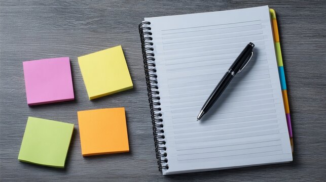 Open spiral notebook with blank pages, pen, and colorful sticky notes on a wooden table, suggesting brainstorming and planning