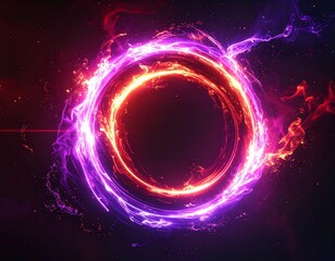 Colorful circle of light with flame and energy effects set against a dark background in an abstract style