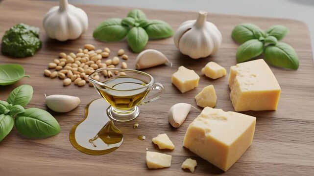 Ingredients for pesto sauce, olive oil, basil, garlic and parmesan cheese on wooden background