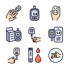 Glucometer Device color icons set. Performing blood glucose tests using glucometers. Glucose Test, Diabetic Consultation, Health Support.