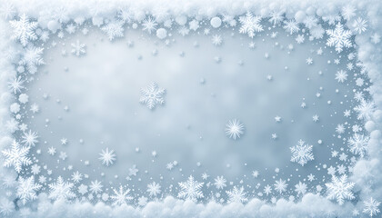 Beautiful frosty border design featuring intricate white snowflakes and soft snow accumulation on a light blue background