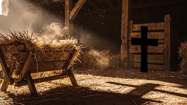 Wooden manger with straw in dusty barn with cross symbol and light rays