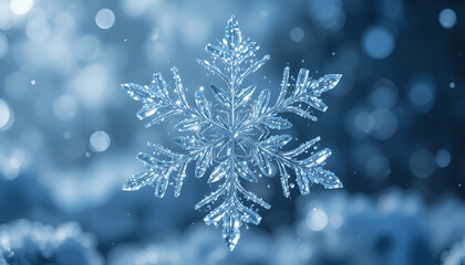 Extreme close up of a highly detailed crystalline snowflake sparkling against a deep blue winter bokeh background