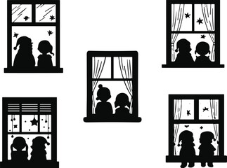 Black Silhouette of Children Looking Out of Christmas Windows: Kids in Santa Hats Watching Snow; Vector Collection for Holiday Season and Winter Scene Design