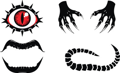Set of Demonic Halloween Elements: Evil Eye with Spikes, Monster Claws, Creepy Mouth, and Spined Tail; Black Silhouette for Horror and Scary Design