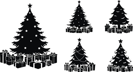 Set of Black Christmas Tree Silhouettes with Star Topper and Surrounded by Gift Boxes; Vector Collection for Winter Holiday Celebration and Festive Design