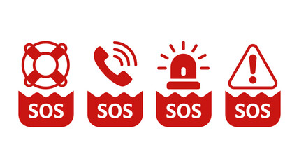 Urgent SOS icons for water safety and emergency response, communicating help needed in maritime distress situations. Vector design for rescue and safety.