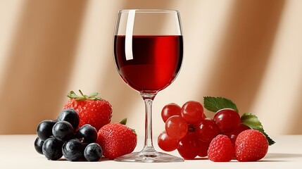 A glass of red wine is on a table with a bunch of fruit, including grapes and strawberries