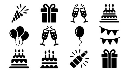 Celebration time with a party themed graphic including cake, presents, champagne glasses, and balloons, perfect for birthdays and special events