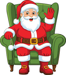 Happy Cartoon Santa Claus Character Sitting in Green Armchair and Waving Hand; Festive Vector Illustration for Merry Christmas and Winter Holiday Season
