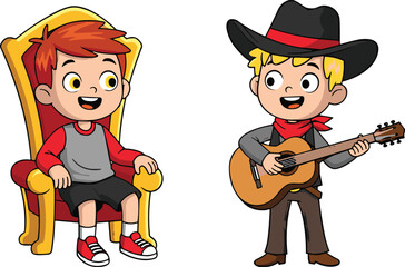 Set of Two Cute Cartoon Boy Characters: Child King Sitting on a Throne and Cowboy Playing Acoustic Guitar; Vector Illustration for Kids and Entertainment