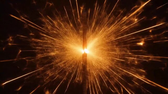 A single sparkler burns intensely, sending a burst of glowing orange sparks outward in a radial pattern against a dark backdrop