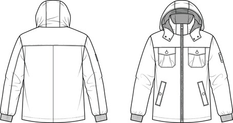 Men's casual hooded parka jacket flat technical drawing vector illustration, front and back view, apparel template, ribbed hem, pockets, fashion sketch. © ASH Labs