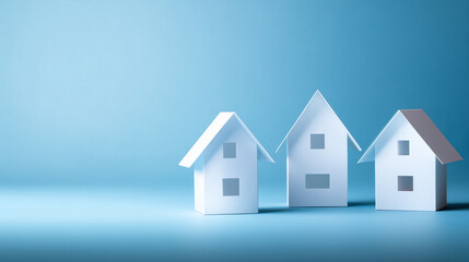 Minimal white paper houses on blue surface symbolizing real estate market property investment and modern housing concept