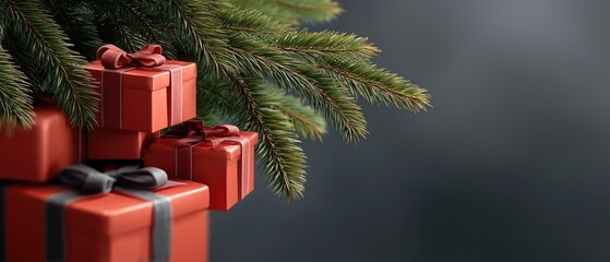 Bright red gift boxes with golden ribbons are arranged near a Christmas tree in a warm and inviting living room atmosphere
