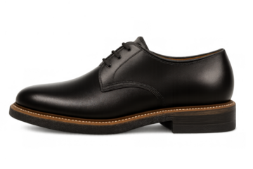 Black leather derby shoe with laces on transparent background, symbolizing classic men's formal footwear and style