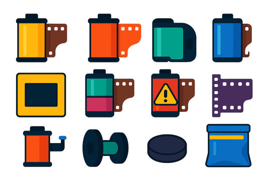 Colorful Film Icons. Flat vector icons of Film Rolls: 35mm roll, 120 film, APS cassette, half-frame roll, slide film, infrared