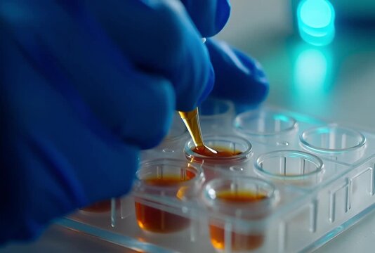 Scientist hand in blue glove carefully pipetting liquid into microtiter plate for scientific analysis
