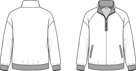 Vector technical sketch of an oversized women's or men's quarter zip pullover sweatshirt with raglan sleeves, ribbed cuffs, and hem, front and back view, © ASH Labs